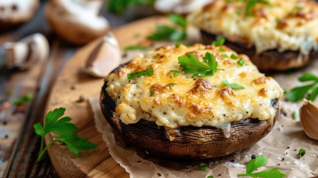 Stuffed portobello mushrooms with melted cheese and herbs.