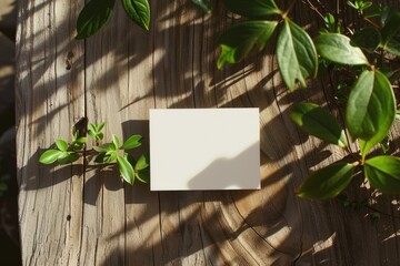 Blank white card on wooden background with green leaves and shadow - Powered by Adobe