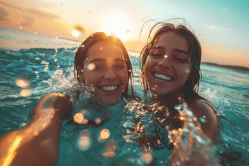 young woman splashes water and takes a selfie in the sea with blue sea sunset - obrazy, fototapety, plakaty