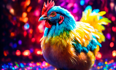 Fototapeta premium rooster on neon festive background. Selective focus.