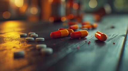 pastillas sobre una mesa como símbolo de la dependencia de los fármacos - obrazy, fototapety, plakaty