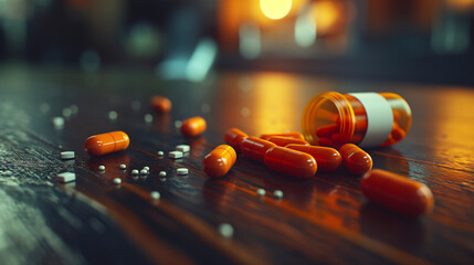 pastillas sobre una mesa como símbolo de la dependencia de los fármacos - obrazy, fototapety, plakaty