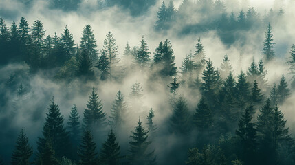 Aerial view of fog over pine forest: mysterious, atmospheric scenery.