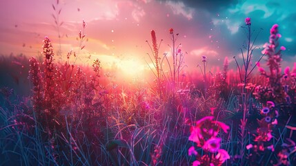 glitch art realism, tranquil vibes. Cool glowing meadow