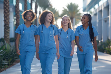 team of medical students in scrubs walk together on a university hospital campus