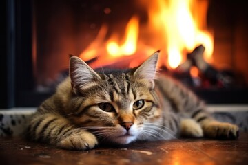 The cat lies near the fireplace. Cozy warm home. Close up. Generative Ai