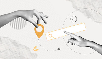 Trendy Halftone Collage with Hand holding pin location and search bar. Contemporary art with position element. Package tracking. Travel way and find trip. Transport logistic. Vector illustration