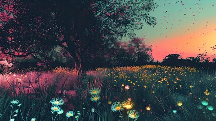 glitch art realism, tranquil vibes. Cool glowing meadow
