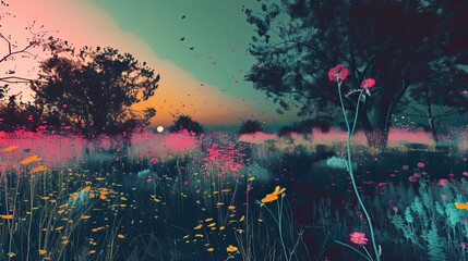 Fototapeta na wymiar glitch art realism, tranquil vibes. Cool glowing meadow