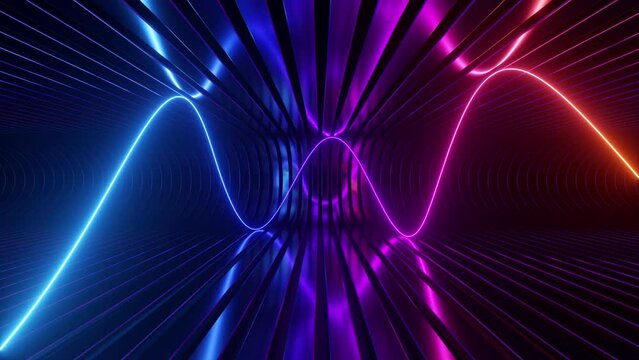 looping 3d animation. Wavy neon line moves endlessly inside the dark tunnel. Seamless animated background.
