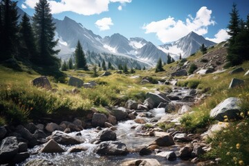 Obraz premium The undulating mountain lines, with peaks adorned by green trees and blanketed in ice and snow.
