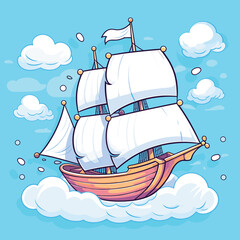 Sailing boat floating on water surface. Vector cartoon color illustration.