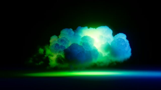 looping 3d animation. Green lightning flashes inside a storm cumulus. Abstract neon background