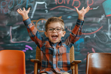 little boy very happy and excited doing winner gesture with arms raised sitting on chair, class...