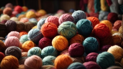 Many colorful yarn balls are sitting in a pile. Background from balls of wool yarn.
