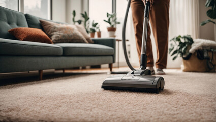 Person vacuuming the carpet at home with a modern vacuum cleaner - obrazy, fototapety, plakaty
