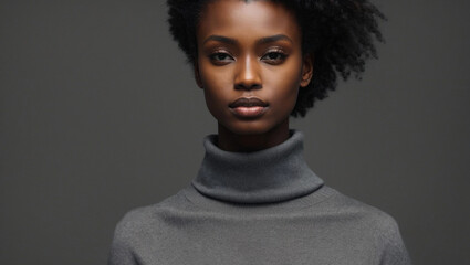 the skinny tall  young african female model  wearing a grey sweater