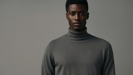 the skinny tall  young african male model  wearing a grey sweater