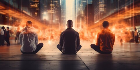 People meditating in futuristic cityscape finding inner peace amidst urban chaos. Concept Meditation, Futuristic Cityscape, Inner Peace, Urban Chaos, Self-Reflection