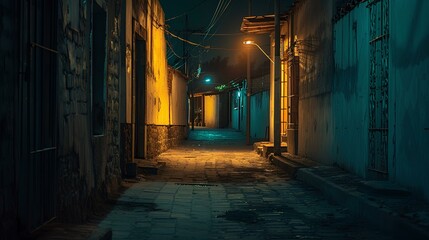 back alleys and deserted main street of an isolated rural town in Mexico at night, creepy, scary, eerie, neutral colors. generative AI
