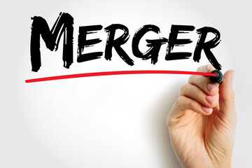 Merger - takes place when two companies combine to form a new company, text concept background
