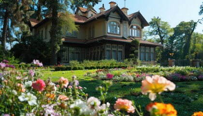 Beautiful villa in the garden with flower bed in summer.