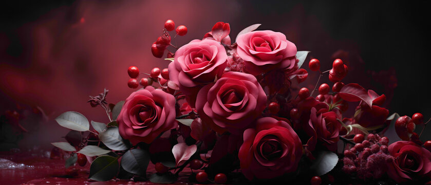 A bouquet of red roses showcased against a deep burgundy abstract background, creating a romantic and dramatic image with an open space in the center.