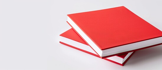 A stack of red books sitting on top of each other against a plain white background. The books are neatly arranged, one on top of the other, creating a vertical stack.