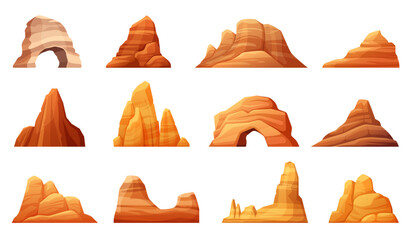 desert cliffs. brown cracked mountain pieces set, minimalistic rocky canyon landscape elements collection. vector cartoon constructor.