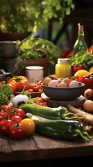 Rustic Feast: An Assortment of Organic Fruits, Vegetables, Fresh Eggs and Baked Bread