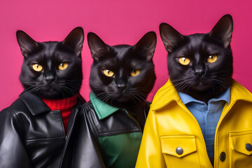 Gang family of Bombay cat in vibrant bright fashionable outfits, commercial, editorial advertisement, surreal surrealism. Group shot.	