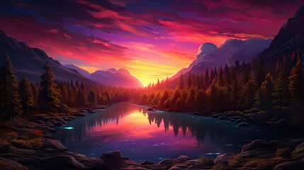 Fototapeta na wymiar The beauty of a large and mesmerizing sunset backdrop, vibrant colors and unique compositions to create an eye-catching scene Ai Generative