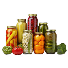 Group of Home Canning Jars of Summer Harvest Vegetable near a raw vegetables isolated on a clipped PNG transparent background - obrazy, fototapety, plakaty