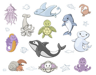 marine animals cartoon vector set