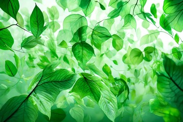 : Vivid green leaves suspended in mid-air, their ethereal dance unfolding against a transparent backdrop, each detail rendered in breathtaking HD clarity.