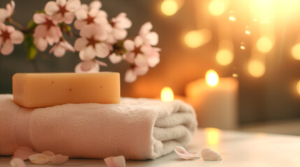 Fototapeta na wymiar Creative composition, Soap towel, floral flowers, candles on wooden table with blurred bokeh background. Banner wallpaper frame. copy text space