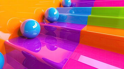 Colored spheres roll down the steps