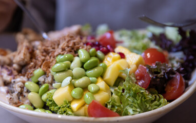 Woman holding fork and spoon. Beef and vegetables with crunchy onions. Grilled meat. Fresh salad. Delicious healthy meal. Dining out in the Restaurant.