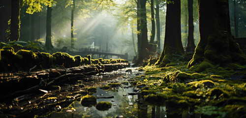 A blur background of a dense forest with soft sunlight filtering through the leaves, creating a magical woodland scene.