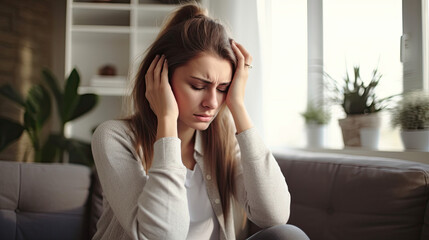 Young woman with headache at home