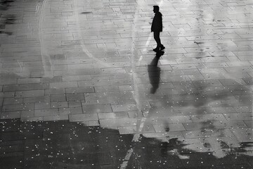 Black and white photo, one man standing on the ground
