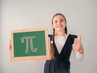 A joyful schoolgirl with pigtails in a uniform holds a chalkboard with the number Pi written on it...