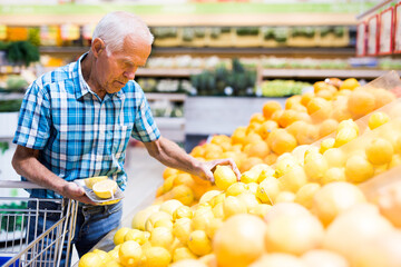 Mature senor examines oranges in fruit section of supermarket