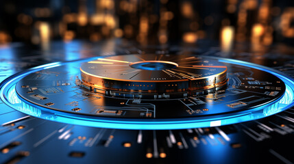 Neon blue lighting of sophisticated motherboard image background. Futuristic technology close up picture. Computer hardware closeup photo. Data processing. Advanced computing concept