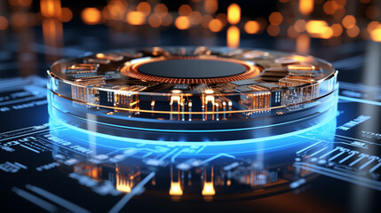 Illuminated microprocessor framed by neon blue image background. Futuristic technology close up picture. Computer hardware closeup photo. Data processing. Advanced computing concept