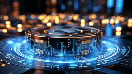 Glowing CPU in motherboard circuits image background. Futuristic technology close up picture. Computer hardware closeup photo backdrop. Data processing. Advanced computing concept