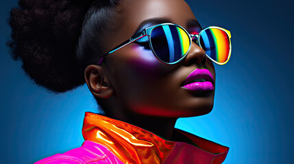 Portrait of a young african woman at studio. High Fashion female model in colorful bright neon lights posing 