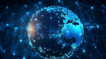 Naklejka na ściany i meble Digital Earth with glowing network connections background image. Interconnected nodes desktop wallpaper picture. Network grid photo backdrop. Global communication concept composition