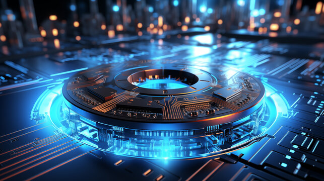 CPU and surrounding circuits image background. Futuristic technology close up picture wallpaper. Computer hardware closeup photo backdrop. Data processing. Advanced computing concept
