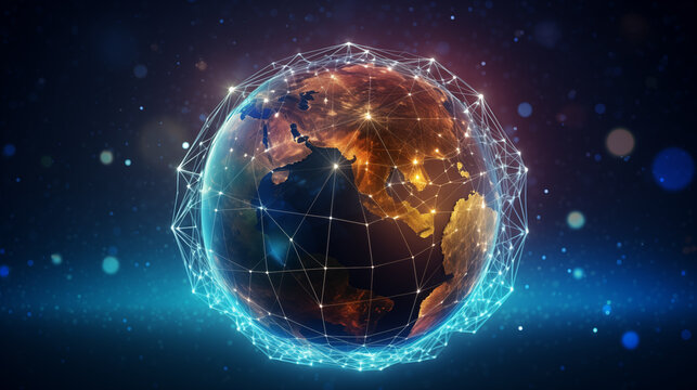Illuminated digital globe showcasing global connectivity background image. Cosmic desktop wallpaper picture. World network photo backdrop. Futuristic globalisation concept composition